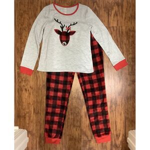 NWT Dream‎ Life Girls Pajama Set Red Plaid Reindeer Fuzzy Pants Medium Christmas